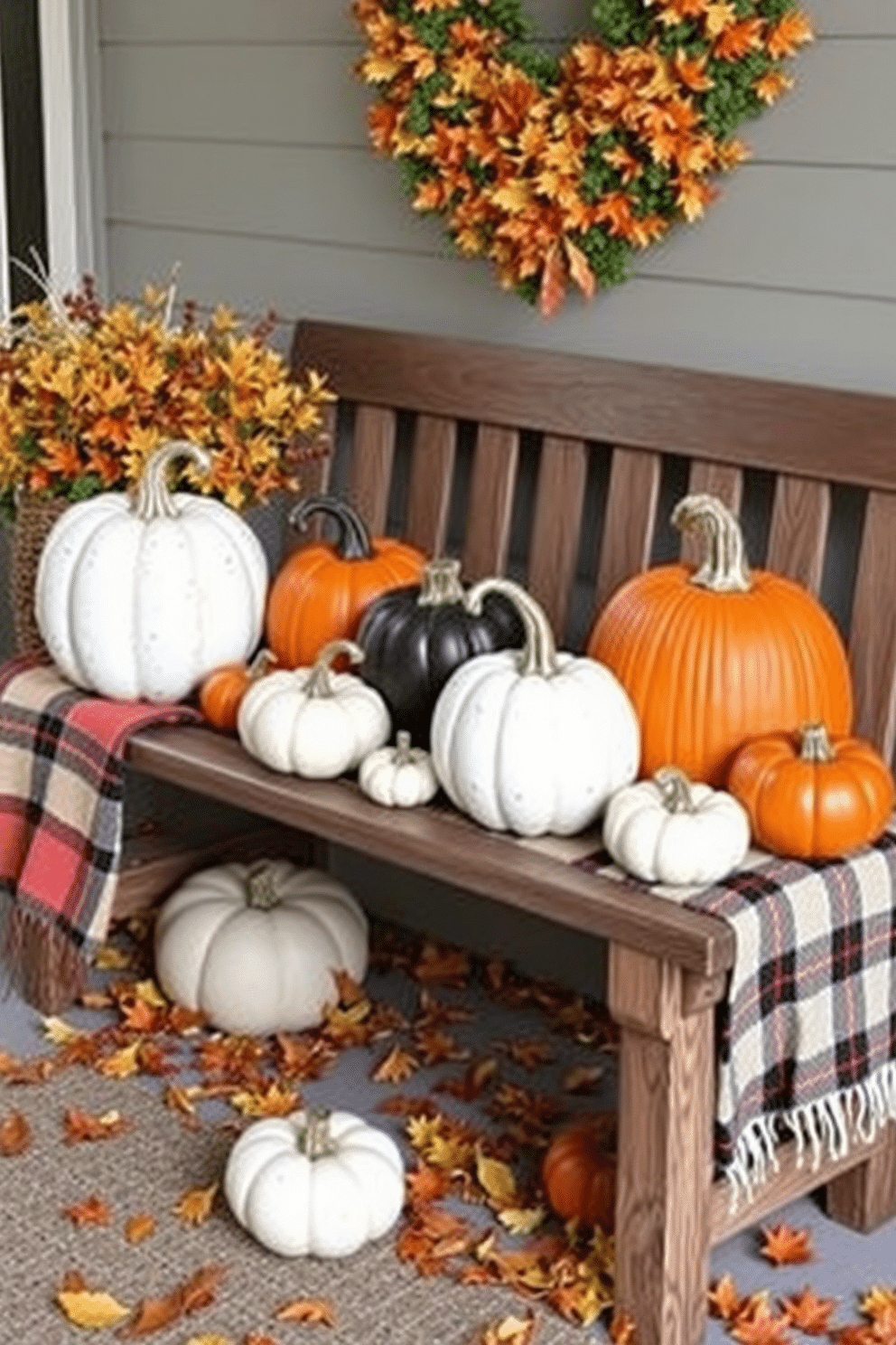 A charming fall entryway adorned with decorative pumpkins in various sizes. The pumpkins are arranged on a rustic wooden bench, surrounded by autumn leaves and a cozy plaid blanket.