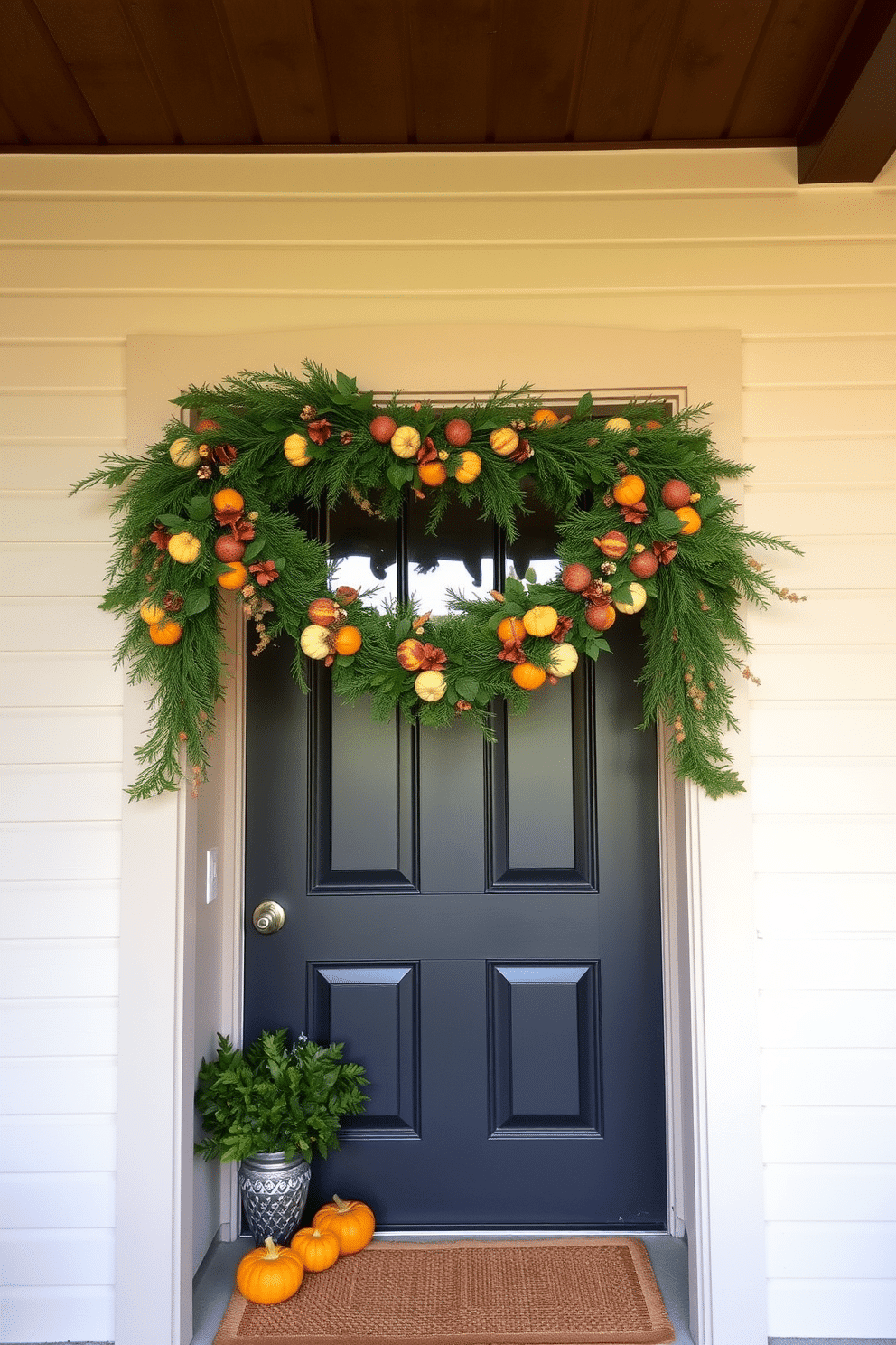 A warm and inviting entryway adorned with a seasonal garland draped elegantly above the door frame. The garland features rich autumn hues of orange, red, and gold, complemented by small pumpkins and pinecones nestled within the greenery.