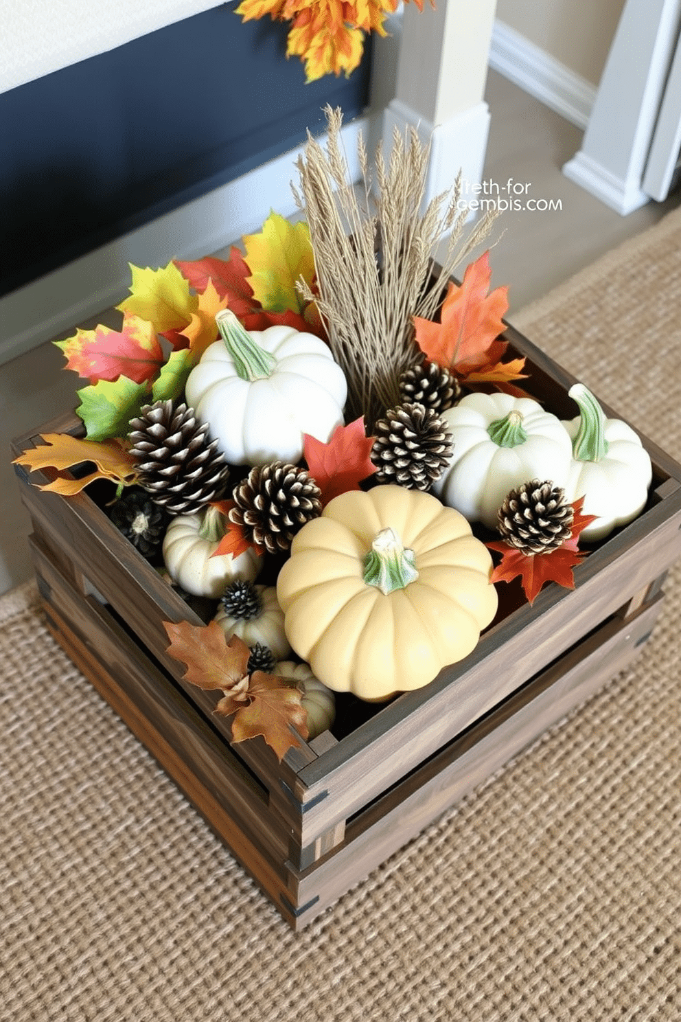 A rustic wooden crate is filled with an assortment of seasonal items like pumpkins, pinecones, and colorful leaves. The crate is placed on a natural jute rug, creating a warm and inviting atmosphere for the fall entryway.