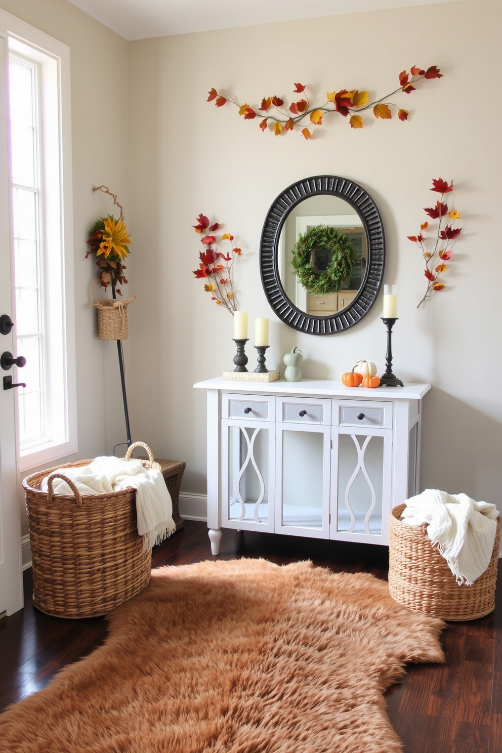 A cozy fall entryway features a faux fur rug that adds warmth and texture to the space. The walls are adorned with seasonal decorations like pumpkins and autumn leaves, creating a welcoming atmosphere. A stylish console table sits against the wall, topped with a decorative mirror and a few carefully arranged candles. A woven basket holds cozy blankets, inviting guests to feel at home as they enter.