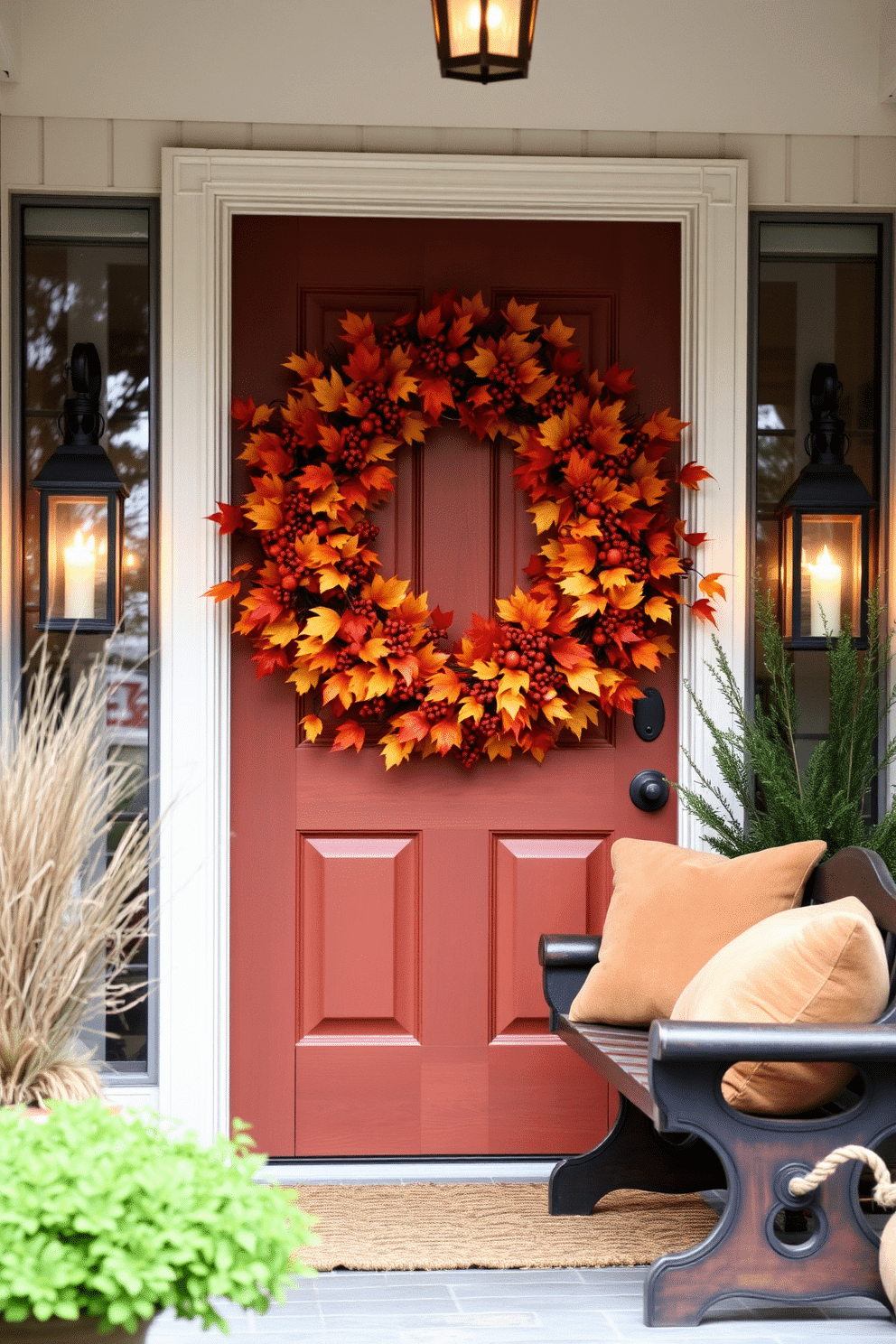 A warm and inviting entryway adorned with an autumn wreath featuring vibrant leaves in shades of orange, red, and yellow, complemented by clusters of rich berries. The door is framed by soft, glowing lanterns that enhance the cozy ambiance, while a rustic bench nearby is topped with plush cushions in earthy tones.