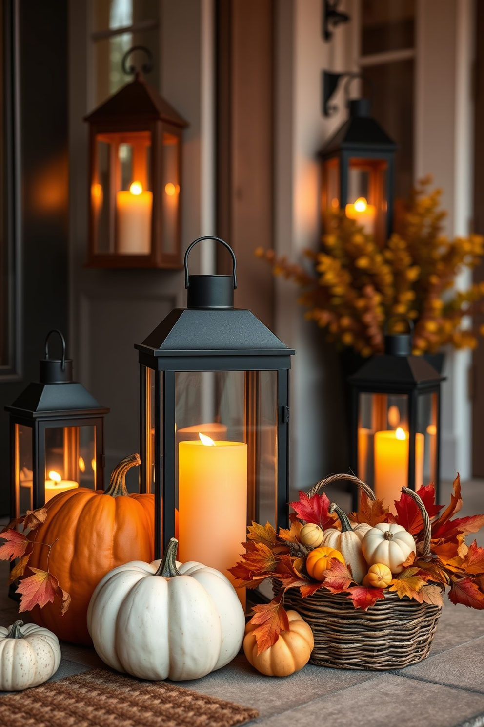 Cozy lanterns are placed strategically throughout the entryway, casting a warm glow that enhances the inviting atmosphere. The soft flicker of candles inside the lanterns creates a serene ambiance, perfect for welcoming guests during the fall season. Decorative pumpkins in various sizes are arranged near the entrance, adding a seasonal touch to the decor. A woven basket filled with colorful leaves and small gourds complements the cozy lanterns, creating a harmonious fall entryway design.