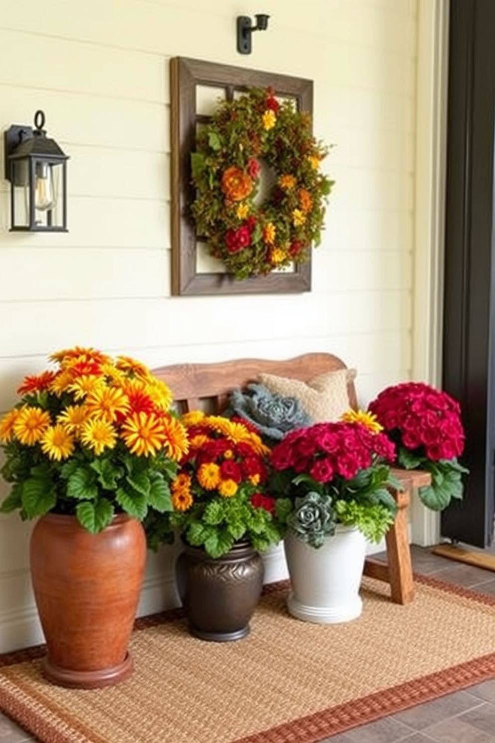 A welcoming entryway adorned with vibrant fall flowers in decorative pots creates a warm and inviting atmosphere. The pots feature a mix of chrysanthemums, marigolds, and ornamental kale, arranged on a rustic wooden bench. The walls are painted a soft cream color, enhancing the rich hues of the flowers. A cozy woven rug lies beneath the bench, and a stylish lantern illuminates the space, adding to the seasonal charm.