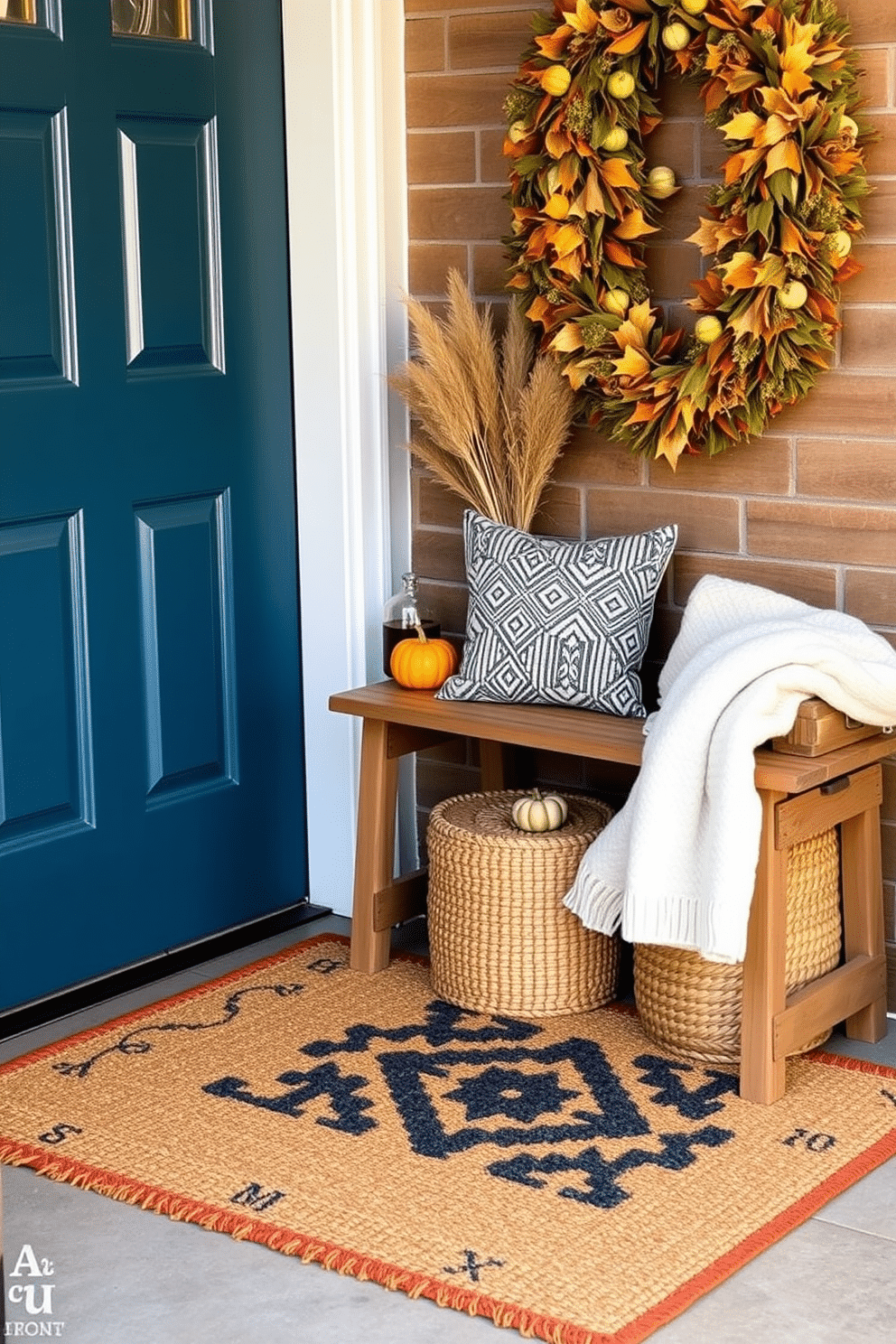 A welcoming entryway adorned with layered doormats in various textures and colors. The top mat features a bold geometric pattern while the bottom mat is a soft natural fiber, creating a cozy and inviting atmosphere. Seasonal decor enhances the space with warm autumn hues and natural elements. A rustic wooden bench sits beside the door, decorated with small pumpkins and a woven basket filled with cozy blankets.