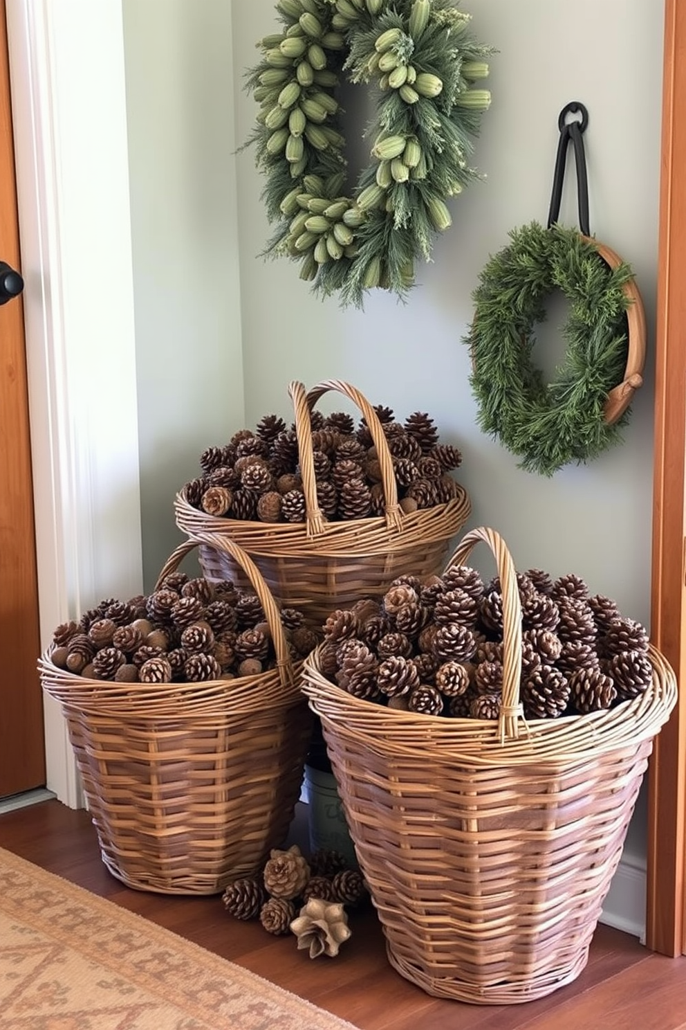 A cozy fall entryway adorned with vintage baskets overflowing with pinecones. The warm tones of the baskets complement the rustic charm of the space, inviting guests to enjoy the seasonal decor.