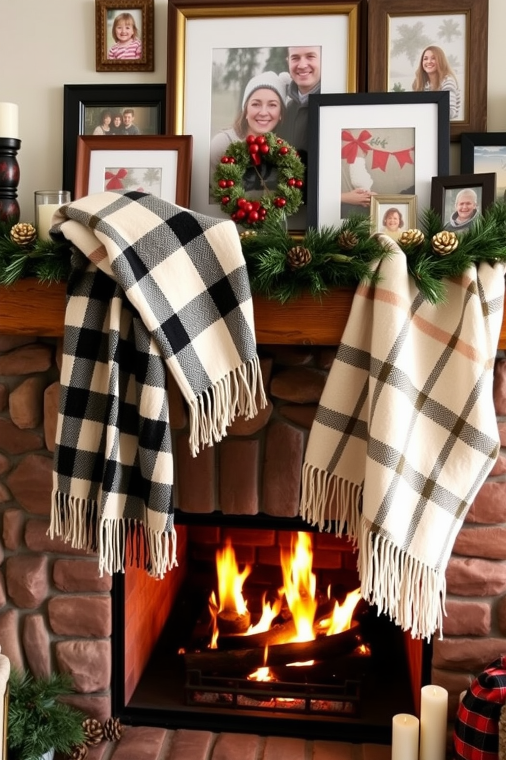 Cozy plaid blankets are elegantly draped over a rustic wooden mantel, adding warmth and texture to the space. The fireplace below is adorned with seasonal decorations, including pinecones and candles, creating a welcoming atmosphere for gatherings. The flickering flames cast a soft glow, enhancing the inviting ambiance of the room. Above the mantel, a collection of framed family photos and holiday-themed art pieces add a personal touch to the decor.