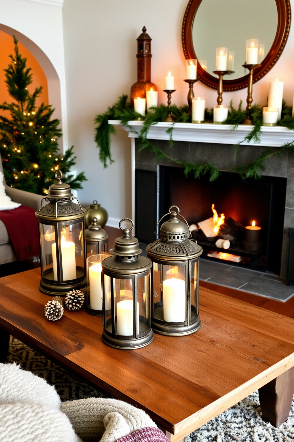 A cozy living room adorned with vintage lanterns casting a warm glow from flickering candles. The lanterns are arranged on a rustic wooden coffee table, surrounded by soft, plush blankets and seasonal decor. A charming fireplace decorated with natural elements for a warm and inviting atmosphere. The mantel is adorned with pinecones, evergreen branches, and elegant candle holders, creating a perfect focal point for winter gatherings.