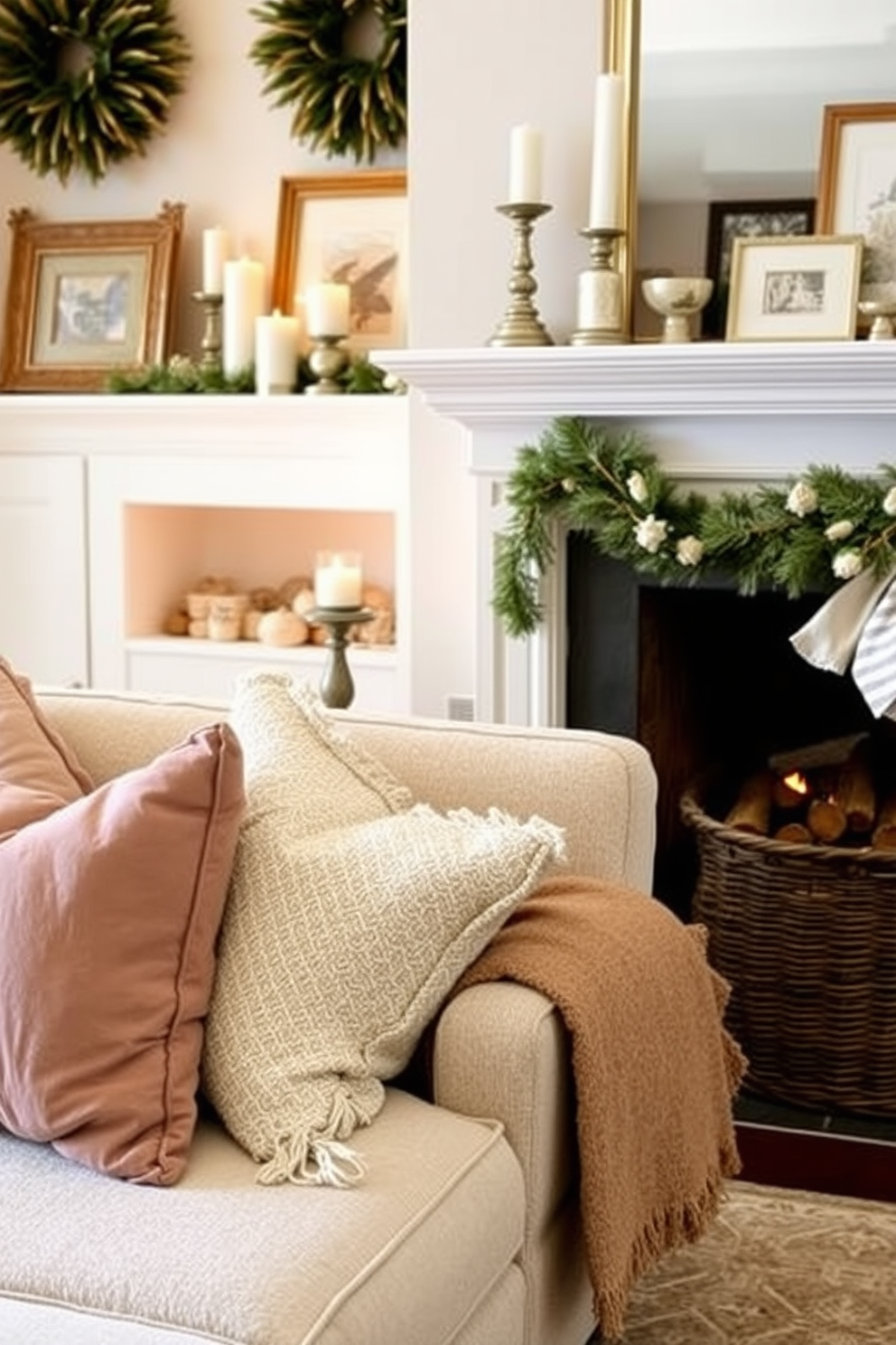 A cozy living room featuring a layered texture theme with an assortment of soft pillows in various fabrics and colors arranged on a plush sofa. The fireplace is elegantly decorated with a mix of candles and seasonal decor, creating a warm and inviting atmosphere. The mantel above the fireplace showcases a collection of framed art and decorative objects that complement the overall color palette. A woven basket filled with logs sits nearby, enhancing the rustic charm of the space.