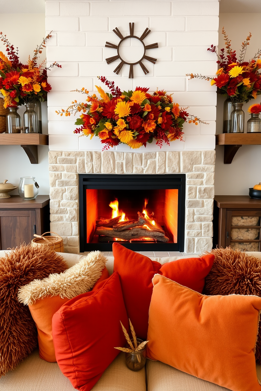 A cozy living room adorned with a fall-themed fireplace. The fireplace is surrounded by rustic wooden mantels decorated with glass vases filled with vibrant fall florals. The vases showcase an array of colors including deep reds, oranges, and yellows. Plush, oversized pillows in warm tones are scattered on a comfortable sofa, enhancing the inviting atmosphere.