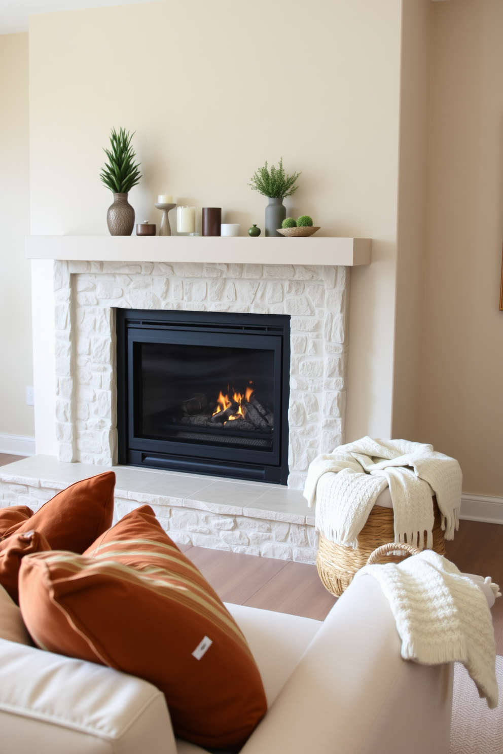 A cozy living room featuring a modern fireplace with a sleek stone surround. The neutral color palette includes soft beige walls and a plush cream sofa adorned with warm accent pillows in rust and gold tones. On the mantel, a collection of decorative items such as candles and small plants create an inviting atmosphere. A woven basket filled with cozy blankets sits beside the fireplace, enhancing the warm and welcoming feel of the space.