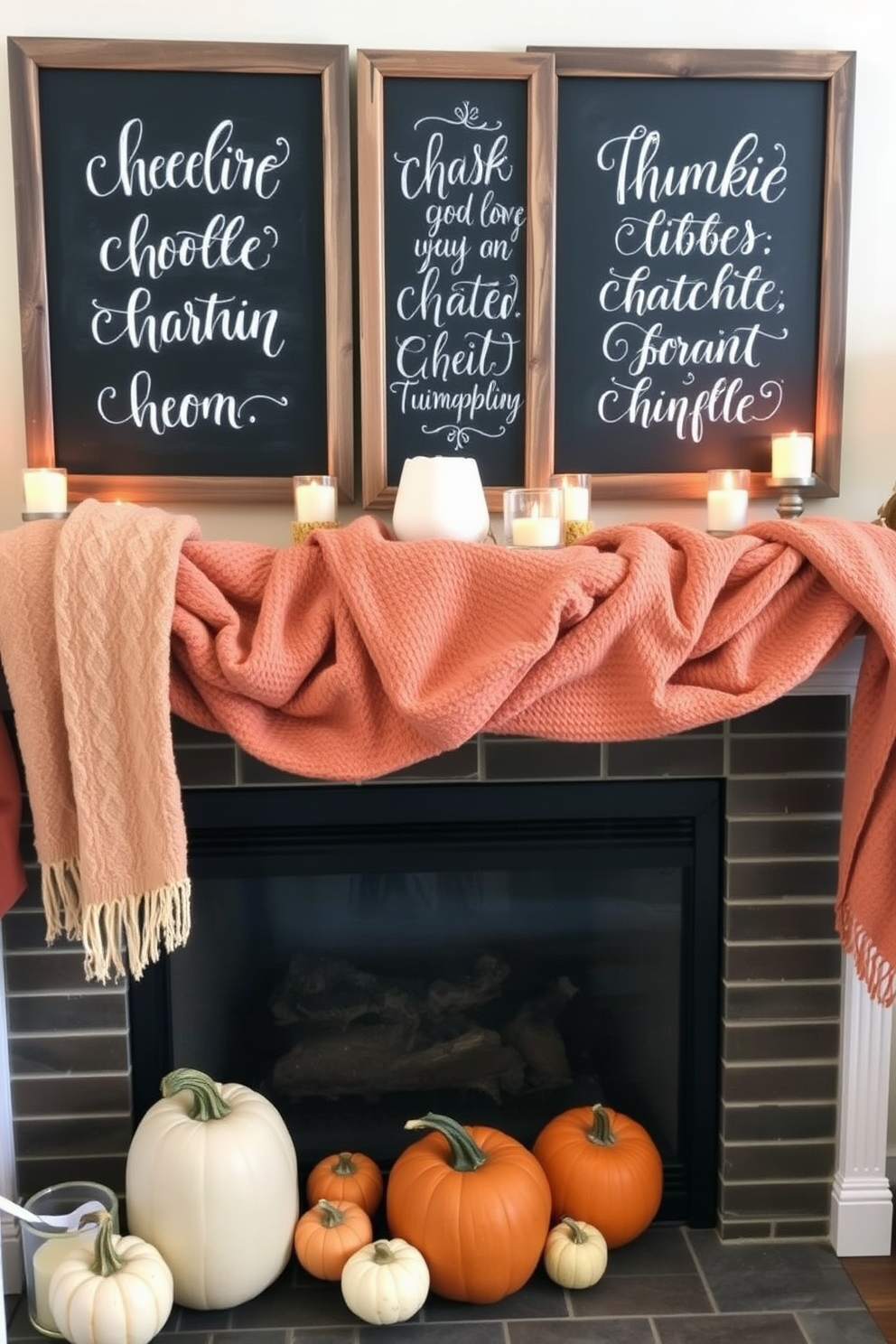 Chalkboard signs adorned with seasonal quotes create a warm and inviting atmosphere. The signs are framed in rustic wood and feature handwritten calligraphy in white chalk against a black background. For fall fireplace decorating ideas, a cozy arrangement includes pumpkins of various sizes and colors placed around the hearth. Soft, textured throws in warm hues drape over the mantel, complemented by flickering candles in decorative holders.