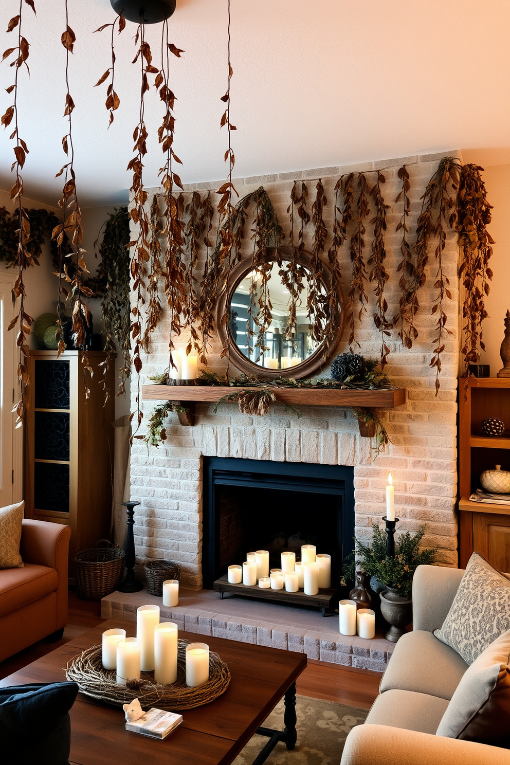 A cozy living room adorned with hanging garlands of dried leaves. The garlands drape elegantly from the ceiling, adding a touch of nature to the warm ambiance. A beautifully decorated fireplace serves as the focal point of the room. Surrounding the fireplace are candles of varying heights, and a rustic wooden mantel is adorned with seasonal decorations.