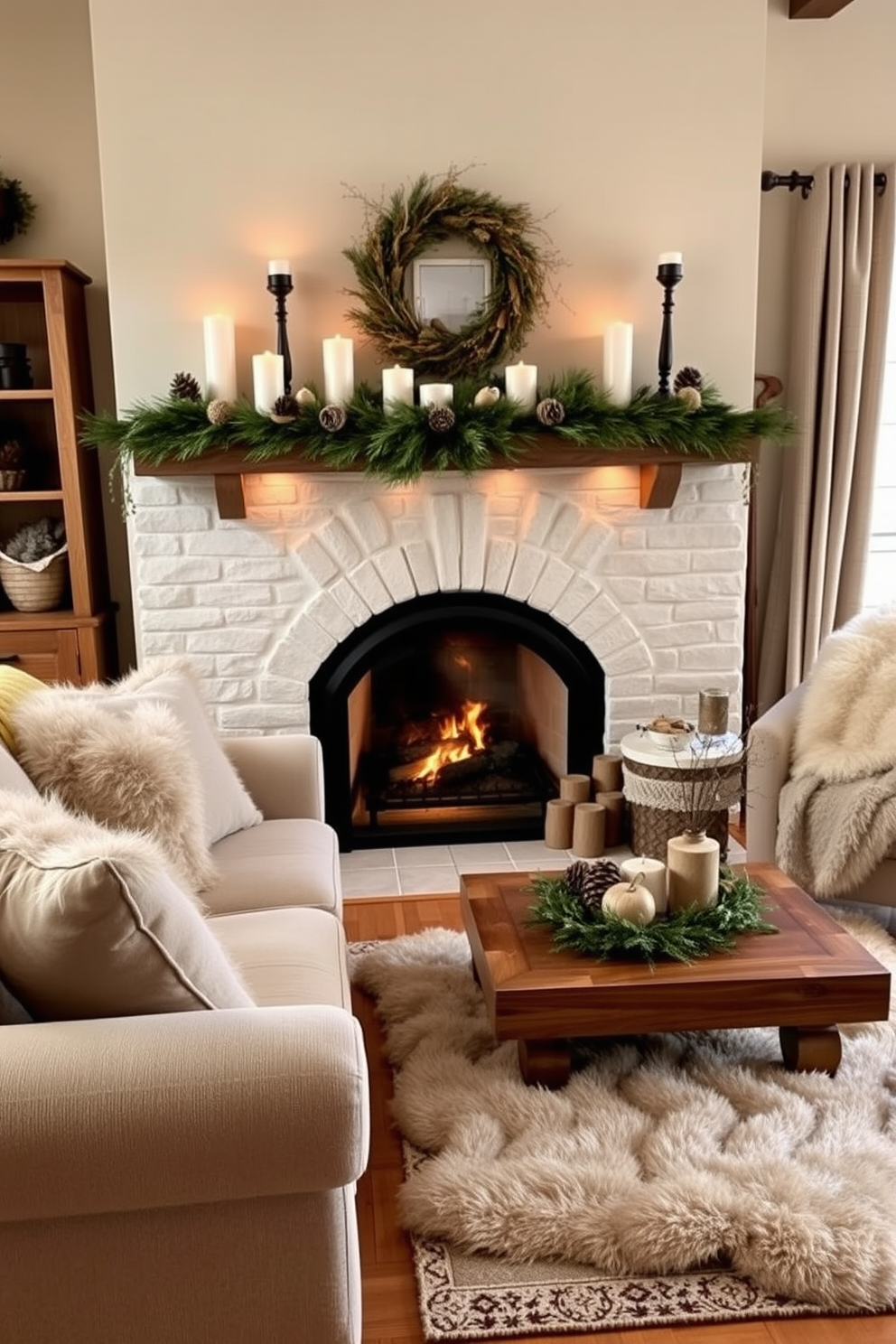 A cozy living room setting featuring a plush sofa adorned with soft faux fur throws in neutral tones. The focal point is a beautifully decorated fireplace with a rustic mantel, adorned with seasonal decor and candles for a warm ambiance. The fireplace is surrounded by a stylish arrangement of logs and pinecones, enhancing the wintery feel. A soft area rug lies beneath the coffee table, inviting comfort and warmth to the space.