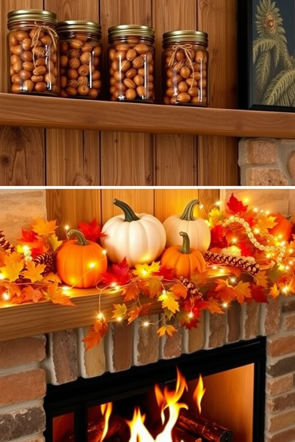 Mason jars filled with acorns are arranged on a rustic wooden shelf. The warm autumn tones of the acorns contrast beautifully with the natural wood, creating a cozy and inviting atmosphere. For the fall fireplace, a stunning display of seasonal decor is created. Pumpkins in various sizes are nestled among colorful leaves and twinkling fairy lights, enhancing the warmth of the crackling fire.