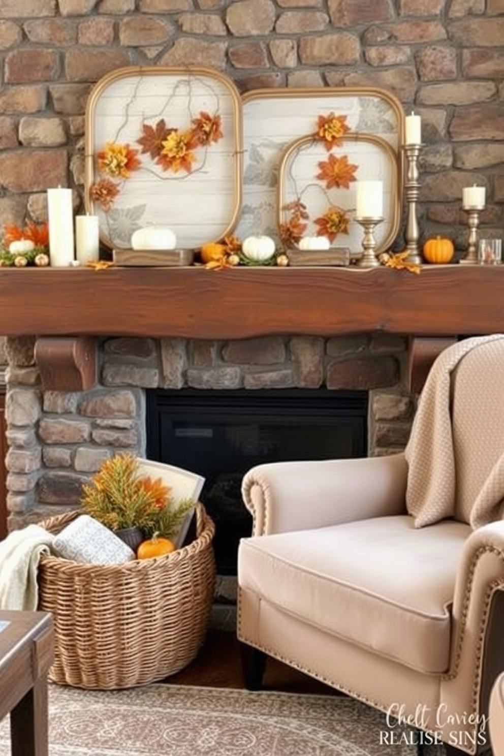 A cozy living room featuring a rustic fireplace adorned with decorative trays filled with seasonal items. The mantel is decorated with autumn leaves, small pumpkins, and candles, creating a warm and inviting atmosphere. Next to the fireplace, a plush armchair is positioned for optimal comfort, draped with a soft throw blanket. The surrounding area is enhanced with a woven basket holding additional seasonal decor, adding texture and charm to the space.