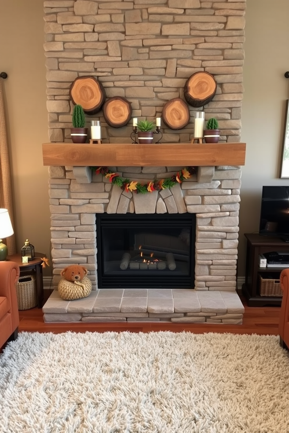 A cozy living room featuring a rustic fireplace made of stacked stone. Above the mantel, wood slices serve as natural decor bases, displaying candles and small potted plants. The fireplace is surrounded by comfortable seating in warm tones, with a plush area rug anchoring the space. Seasonal decorations, including autumn leaves and pinecones, add a charming touch to the overall design.