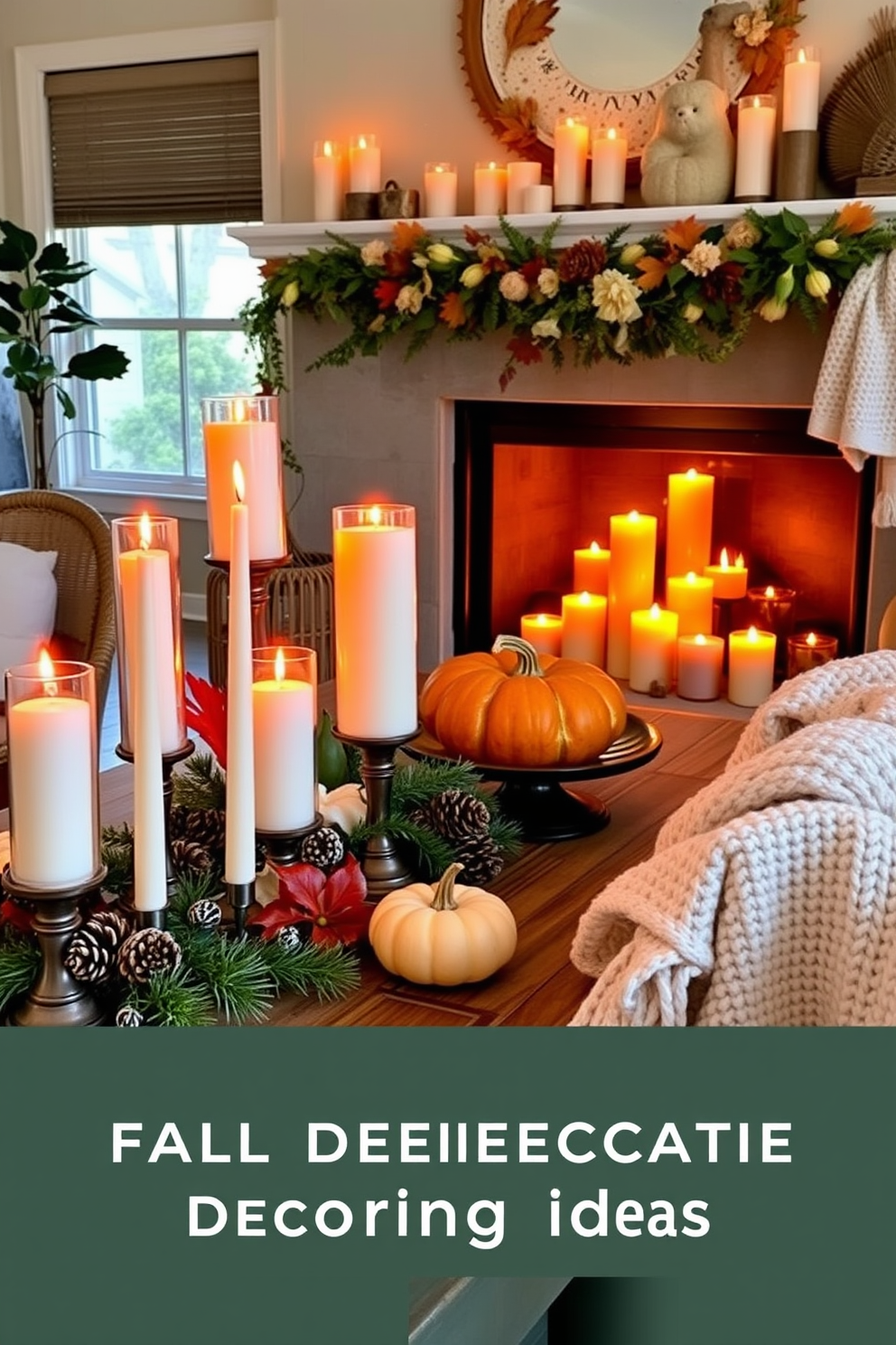 Warm candle arrangements in varied heights create an inviting atmosphere in the living room. The candles are arranged on a rustic wooden table, surrounded by greenery and seasonal decor. For the fall fireplace decorating ideas, a cozy mantel features a mix of pumpkins, pinecones, and autumn leaves. The fireplace itself is adorned with warm-toned candles and a soft knitted throw draped over the side.