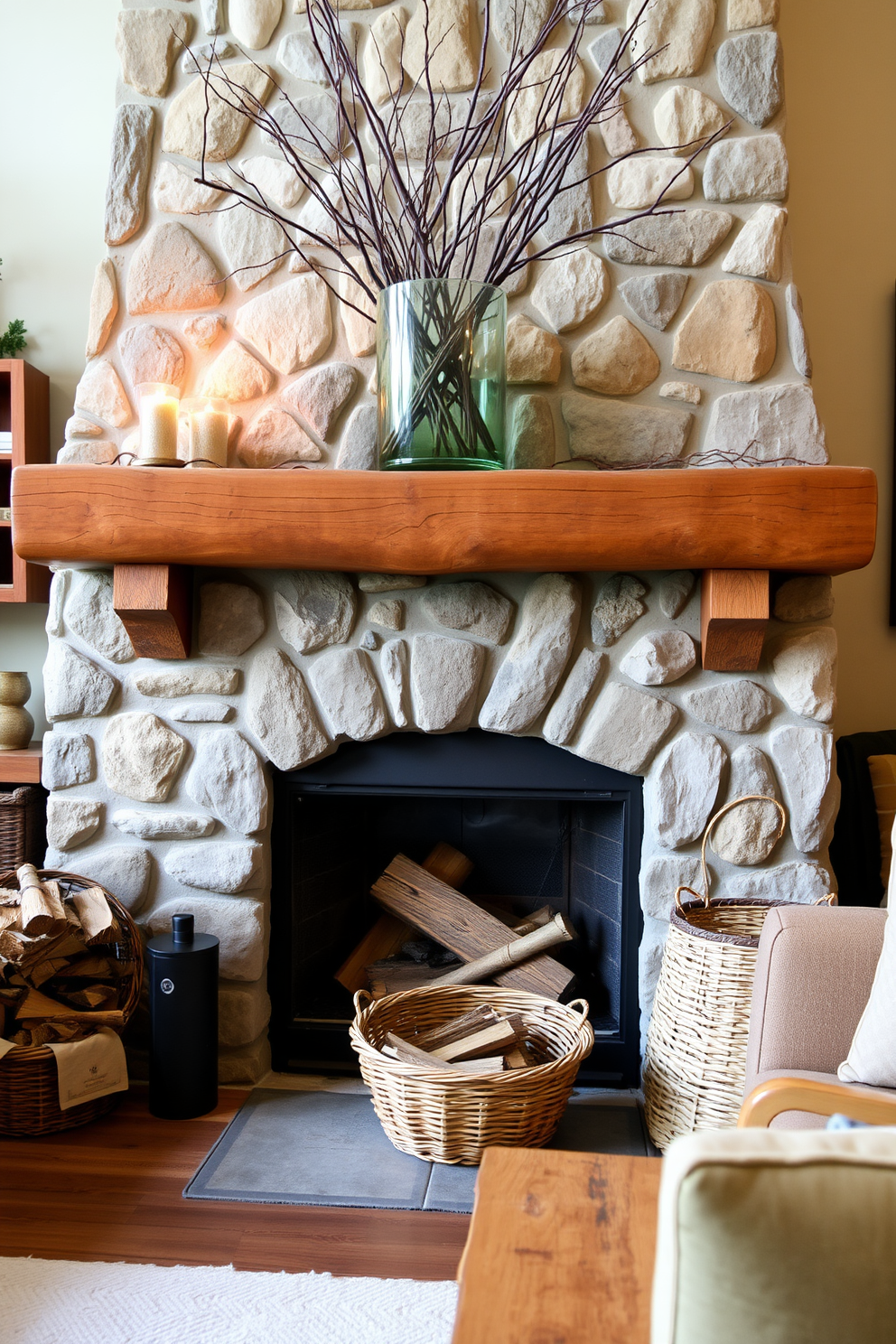 A cozy living room featuring a stone fireplace adorned with natural elements. Branches and twigs are elegantly arranged in a large glass vase on the mantel, complemented by soft, warm lighting. The fireplace itself is surrounded by a rustic wooden mantle, enhancing the natural feel of the space. A woven basket filled with firewood sits nearby, adding to the inviting atmosphere.