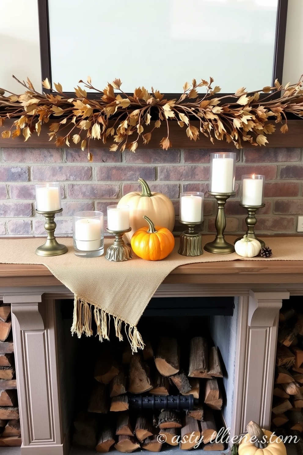 A cozy fall-inspired mantel adorned with a rustic table runner featuring warm autumn colors. Pumpkins of various sizes and textures are artfully arranged alongside candles in glass holders, creating a welcoming atmosphere. Above the mantel, a garland of dried leaves and twigs adds a natural touch. The fireplace is framed with stacked firewood and a few decorative elements like acorns and pinecones for an inviting seasonal display.