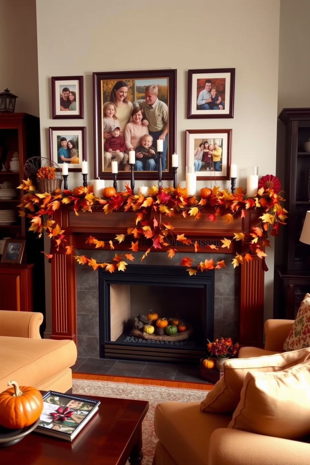 A cozy living room adorned with framed family photos in autumn colors. The warm hues of orange, red, and yellow create a welcoming atmosphere, complementing the rich wooden furniture. The fireplace is elegantly decorated for fall, featuring a garland of dried leaves and small pumpkins. Above the mantel, a collection of candles in varying heights adds a soft glow to the space.