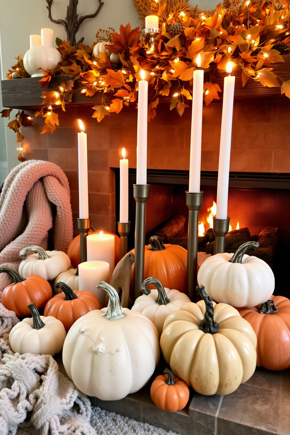 A cozy fall fireplace setting featuring an array of ceramic pumpkins in varying sizes, some painted in warm autumn hues. Nestled among the pumpkins are elegant candles of different heights, casting a soft glow that enhances the inviting atmosphere. The fireplace mantel is adorned with seasonal foliage and twinkling fairy lights, creating a warm and festive focal point. Plush blankets are draped nearby, inviting guests to gather around and enjoy the autumn ambiance.