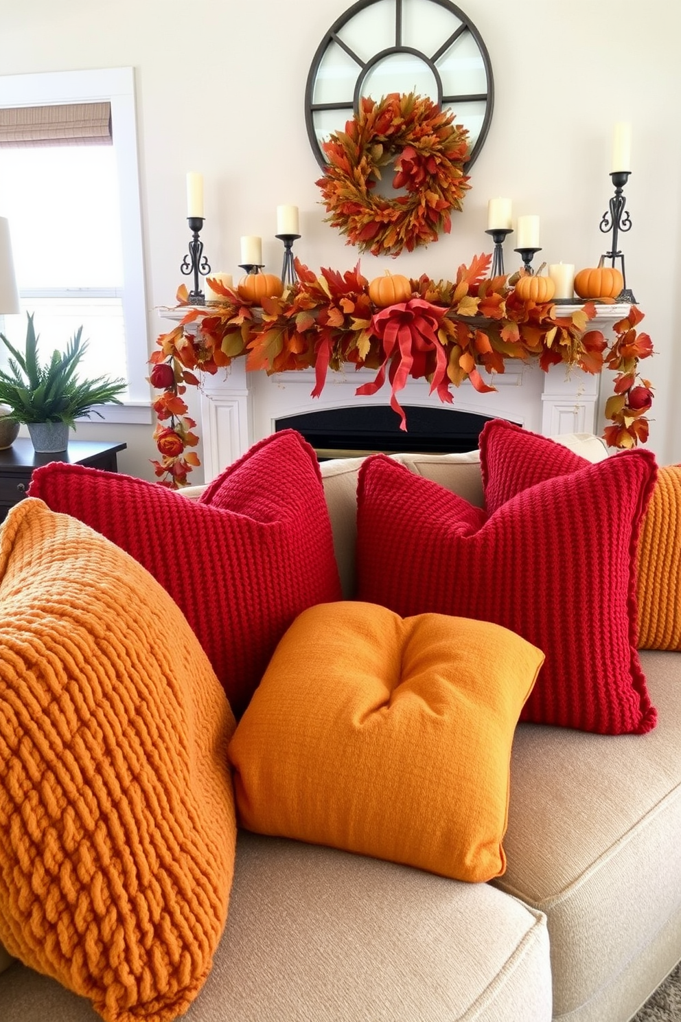 Textured cushions in warm fall tones are arranged on a plush sofa, creating an inviting atmosphere in the living room. The cushions feature rich hues of burnt orange, deep red, and golden yellow, complementing the cozy decor. A beautifully decorated fireplace serves as the focal point of the room, adorned with seasonal accents. Above the mantle, a garland of autumn leaves and small pumpkins adds a festive touch, while candles in varying heights create a warm glow.