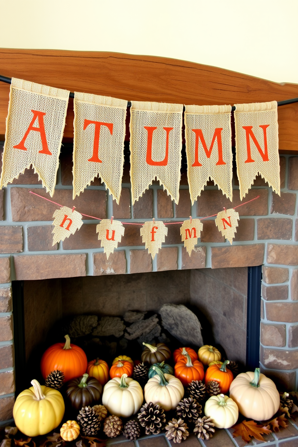 Burlap banners with autumn sayings drape across a rustic wooden beam, adding a touch of warmth and charm to the space. The banners feature hand-painted letters in earthy tones, complementing the seasonal decor. The fireplace is adorned with an array of pumpkins in various sizes and colors, creating a cozy autumn atmosphere. Surrounding the hearth, pinecones and dried leaves are artfully arranged, enhancing the inviting feel of the room.