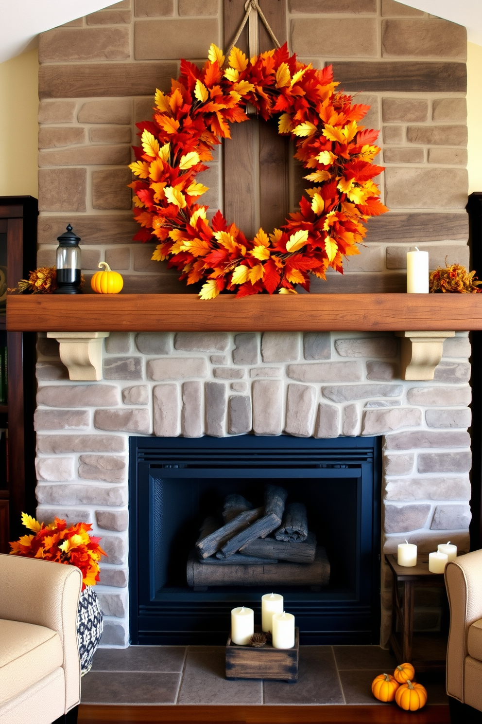 A cozy living room featuring a rustic fireplace adorned with colorful fall wreaths. The warm hues of orange, red, and yellow create a vibrant focal point above the mantel, complemented by seasonal decorations like small pumpkins and candles.