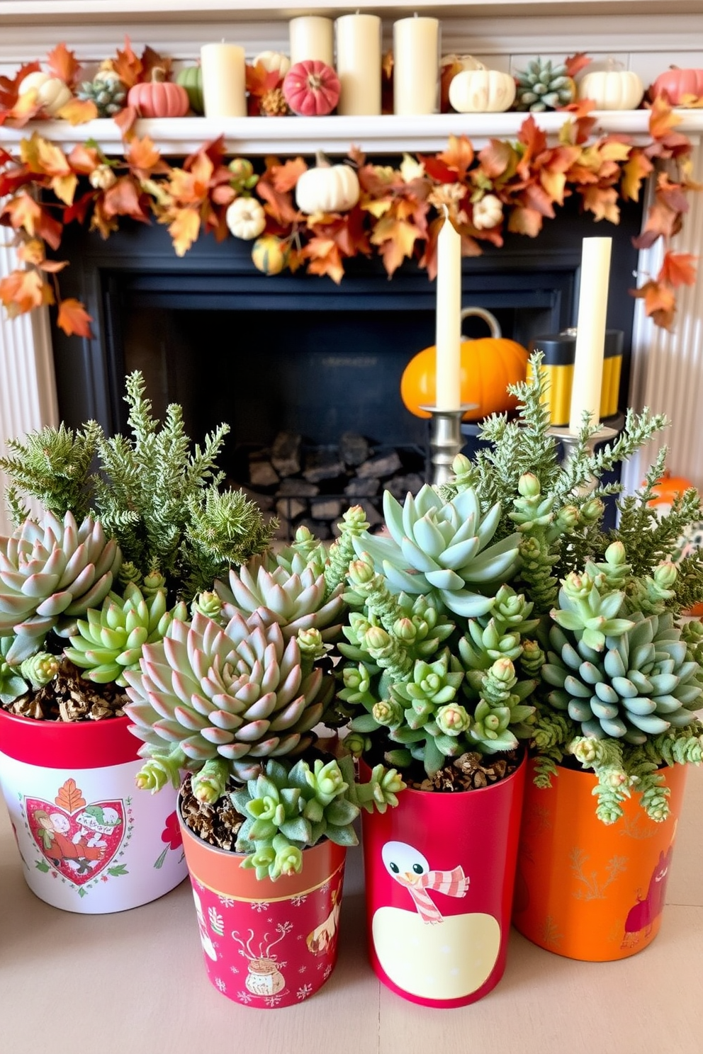 Succulent arrangements in festive pots. The pots are vibrant and decorated with holiday motifs, creating a cheerful display of various succulent types, each with unique textures and colors. Fall fireplace decorating ideas. The fireplace is adorned with an assortment of autumn leaves, small pumpkins, and cozy candles, evoking a warm and inviting atmosphere perfect for the season.