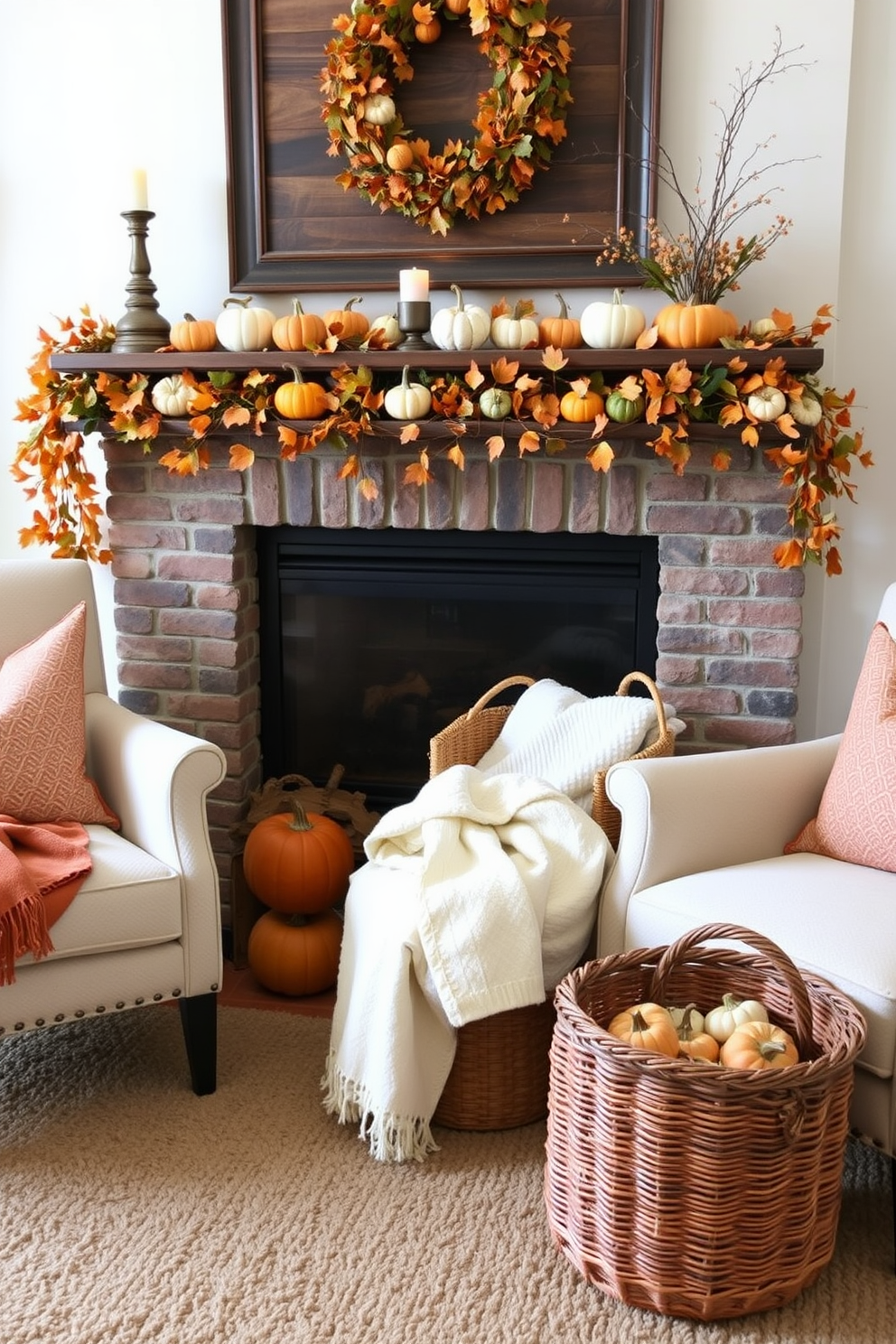 A cozy fall fireplace setting adorned with mini pumpkins in assorted colors and sizes. The fireplace mantel is decorated with a mix of orange, white, and green pumpkins, complemented by autumn leaves and small candles for a warm glow. The surrounding area features a plush area rug in earthy tones, with a pair of comfortable armchairs positioned nearby. A woven basket filled with cozy blankets adds a touch of warmth, inviting guests to relax and enjoy the autumn ambiance.