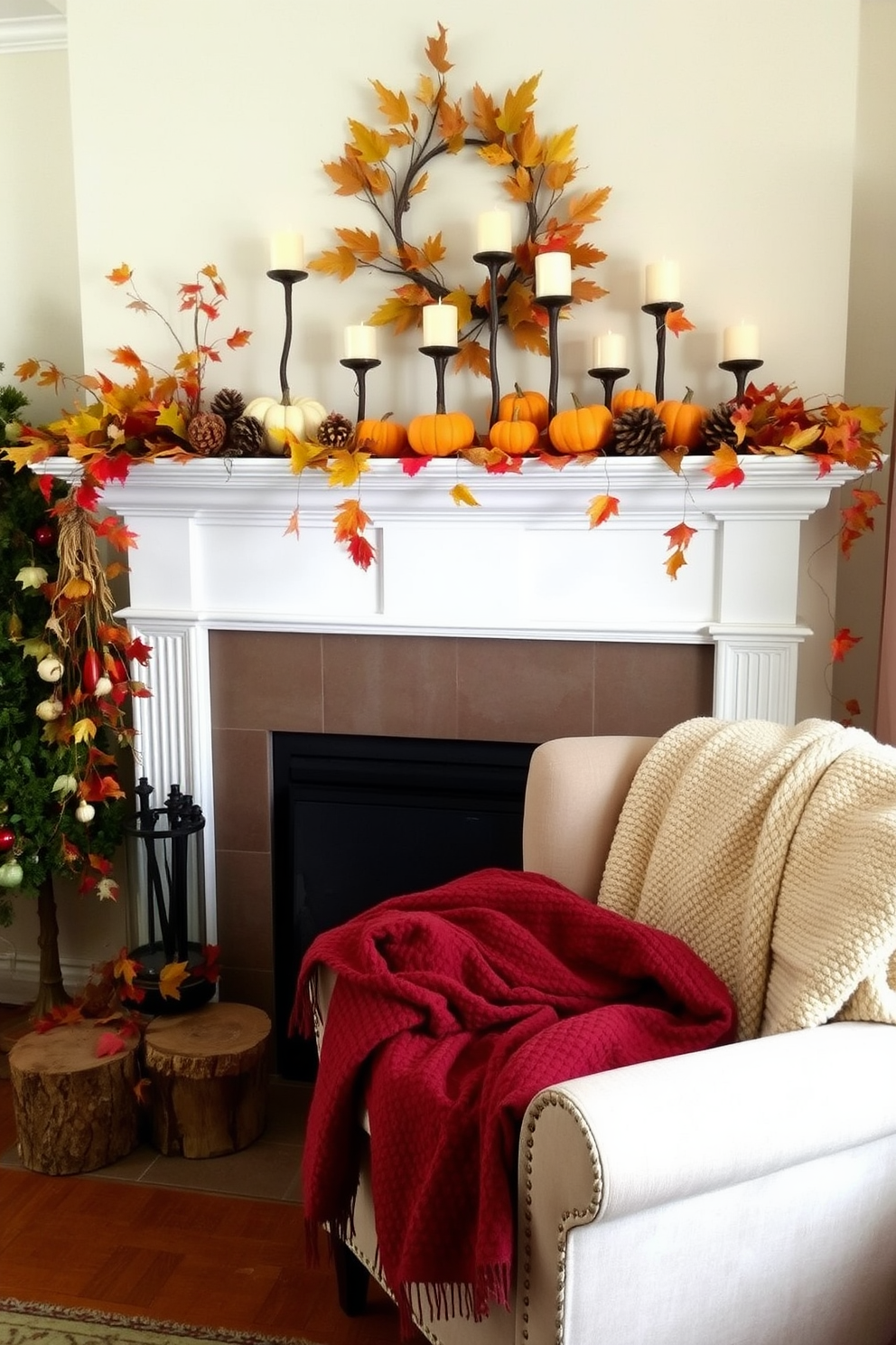 A cozy living room adorned with handmade crafts made from seasonal materials. The fireplace is elegantly decorated with autumn leaves, pinecones, and small pumpkins, creating a warm and inviting atmosphere. On the mantel, a collection of handcrafted candle holders made from twigs adds a rustic touch. Plush blankets in rich fall colors drape over the armchair, enhancing the seasonal charm of the space.