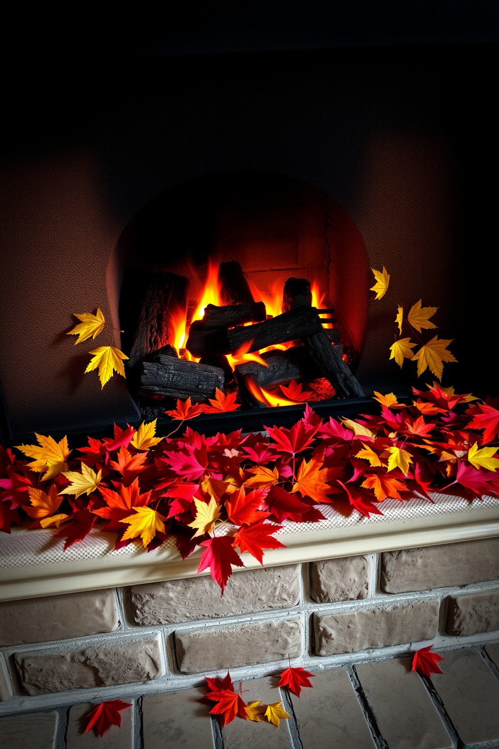 A cozy fireplace adorned with vibrant autumn leaves scattered across the mantel. The warm glow of the fire illuminates the rich colors of the leaves, creating an inviting atmosphere.