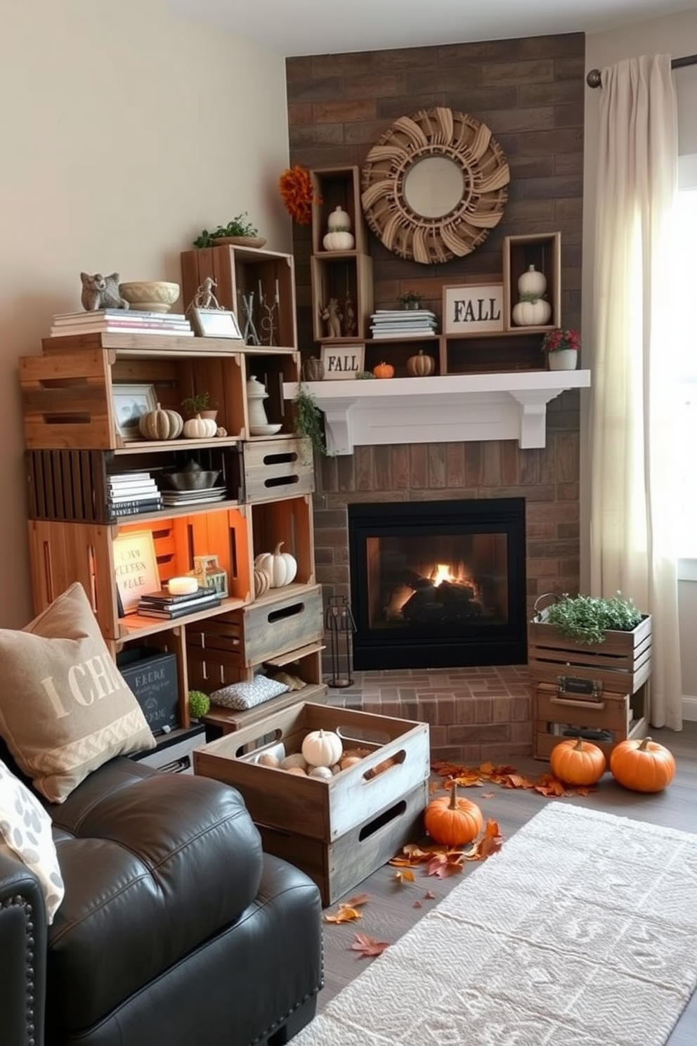 A cozy living room featuring rustic wooden crates stacked creatively to display an assortment of decor items. The warm glow from a fall-themed fireplace enhances the inviting atmosphere, surrounded by autumn leaves and small pumpkins.