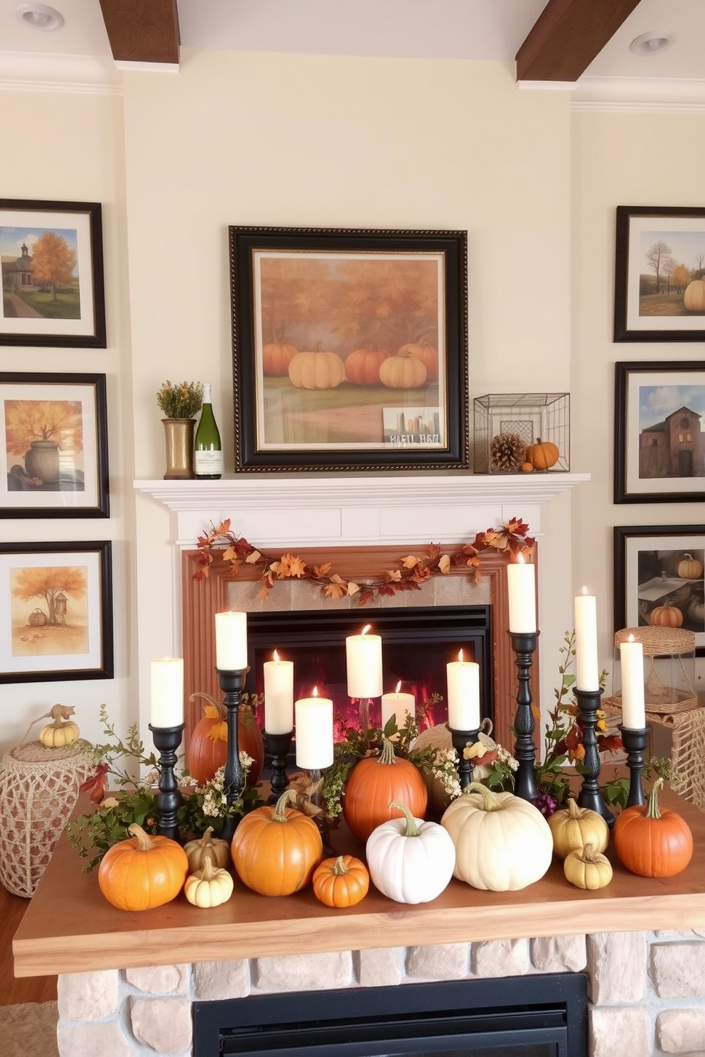 A cozy living room adorned with seasonal artwork featuring fall themes. The walls showcase a series of framed prints depicting autumn leaves and harvest scenes, creating a warm and inviting atmosphere. In front of the fireplace, a beautifully decorated mantel is adorned with pumpkins, gourds, and candles in varying heights. The fireplace itself is surrounded by a rustic wood frame, enhancing the seasonal charm of the space.