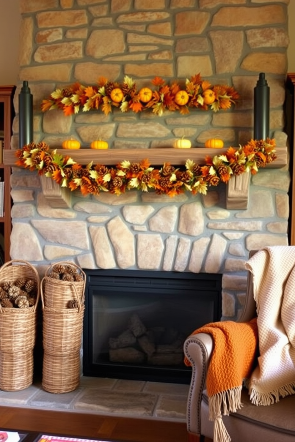 A cozy living room features a rustic stone fireplace adorned with a beautiful fall display. Woven baskets filled with pinecones are placed on either side of the hearth, adding a touch of natural charm. Above the fireplace mantel, a garland of autumn leaves and small pumpkins creates a warm focal point. Soft, plush throws in earthy tones are draped over a nearby armchair, inviting relaxation in this inviting seasonal setting.