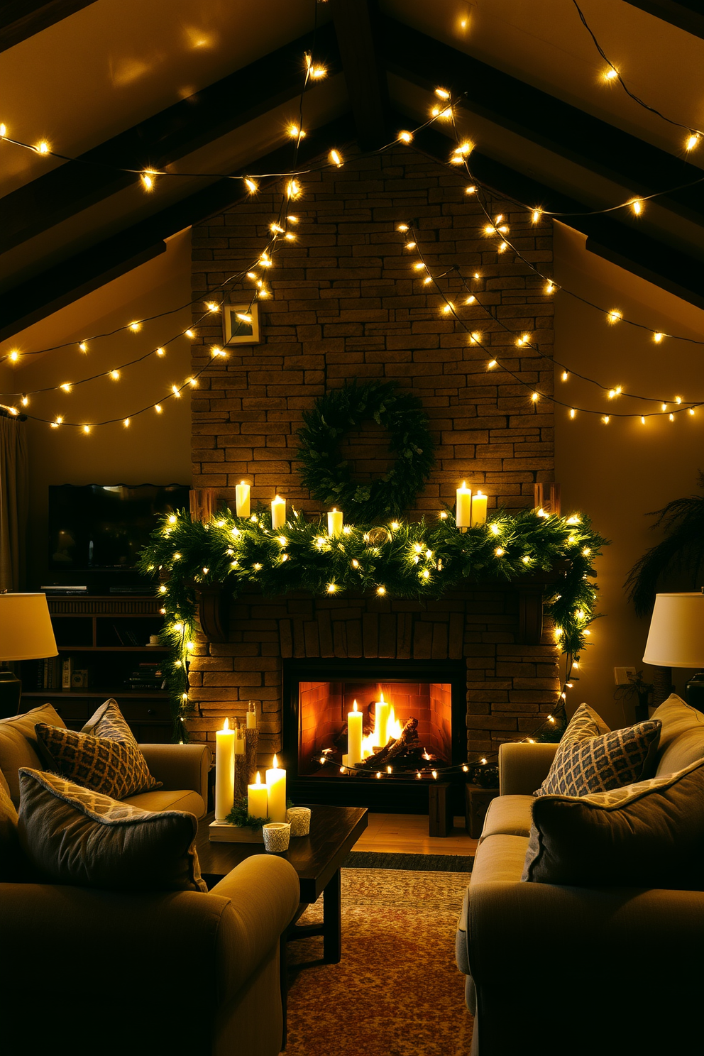 A cozy living room adorned with string lights that create a warm and inviting glow. The lights are draped elegantly across the ceiling beams, casting a soft illumination over plush seating arrangements. A beautifully decorated fireplace serves as the focal point of the room. It is adorned with seasonal decor, including garlands of pine and candles of varying heights, enhancing the warmth and charm of the space.