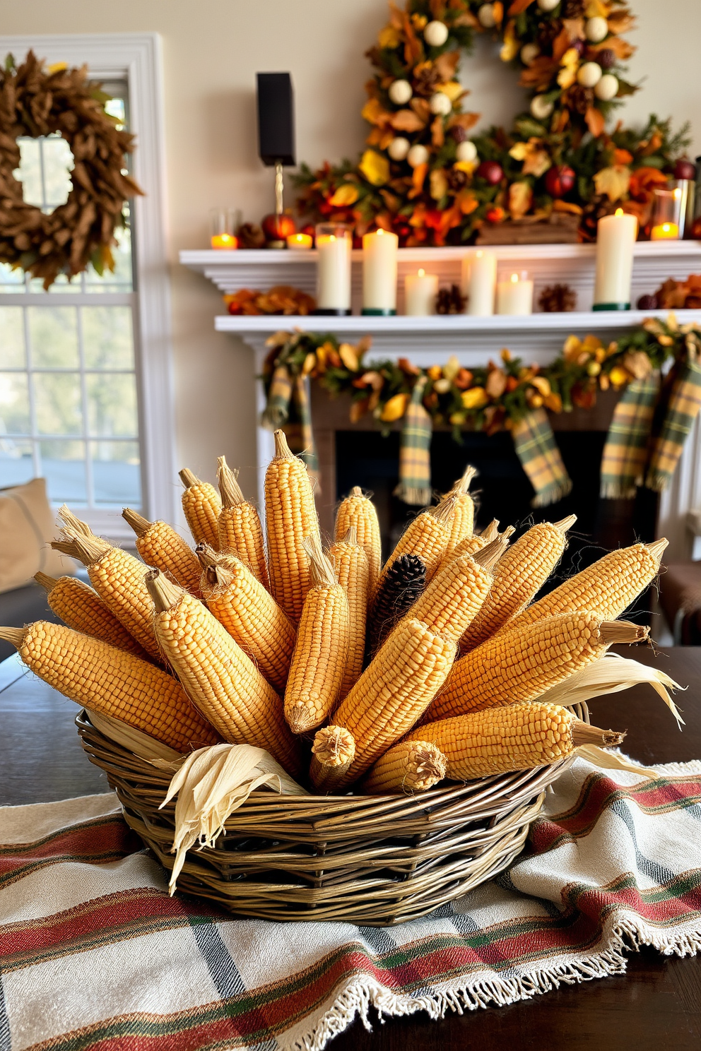 Dried corn husks are arranged artistically in a rustic basket, creating an inviting autumnal centerpiece. Soft, warm lighting illuminates the husks, enhancing their natural textures and colors. The fireplace is adorned with seasonal decorations, featuring a mix of pinecones, candles, and garlands of autumn leaves. A cozy plaid blanket drapes over the mantel, inviting warmth and comfort to the space.