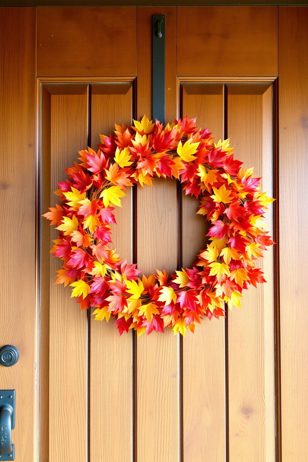 A colorful autumn wreath is adorned with vibrant leaves in shades of red, orange, and yellow. It hangs beautifully on a rustic wooden front door, welcoming guests with a warm seasonal charm.