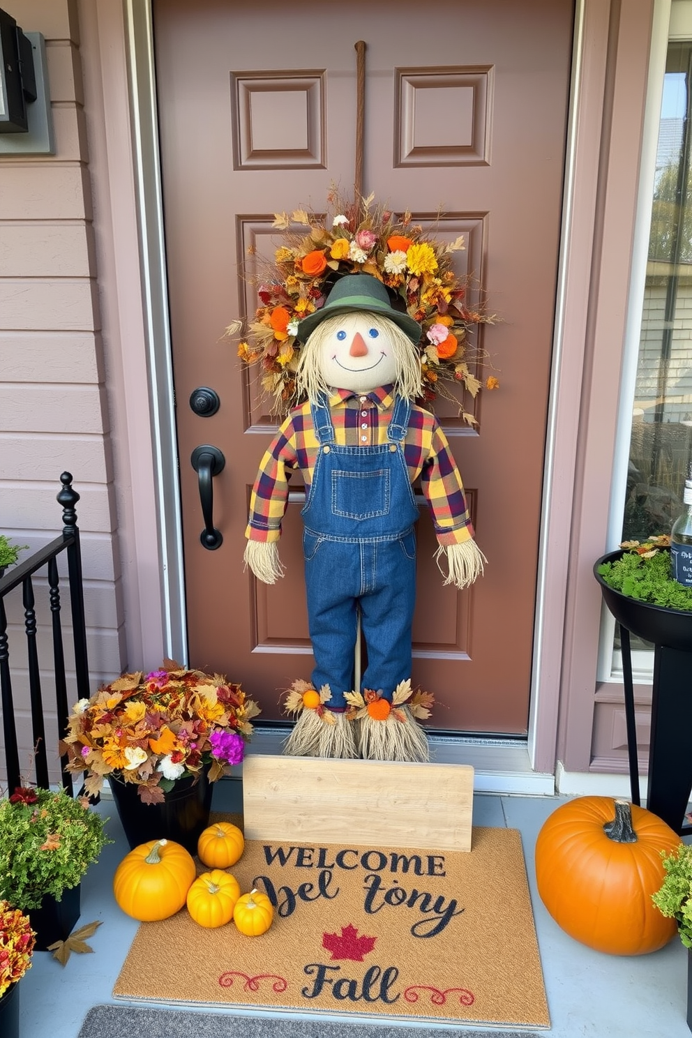 A charming scarecrow figure stands by the door, welcoming guests with a friendly smile. The figure is dressed in a plaid shirt and denim overalls, surrounded by colorful autumn leaves and small pumpkins. The front door is adorned with a beautiful wreath made of dried flowers and twigs. A cozy doormat with a seasonal greeting adds to the inviting atmosphere of the fall decor.