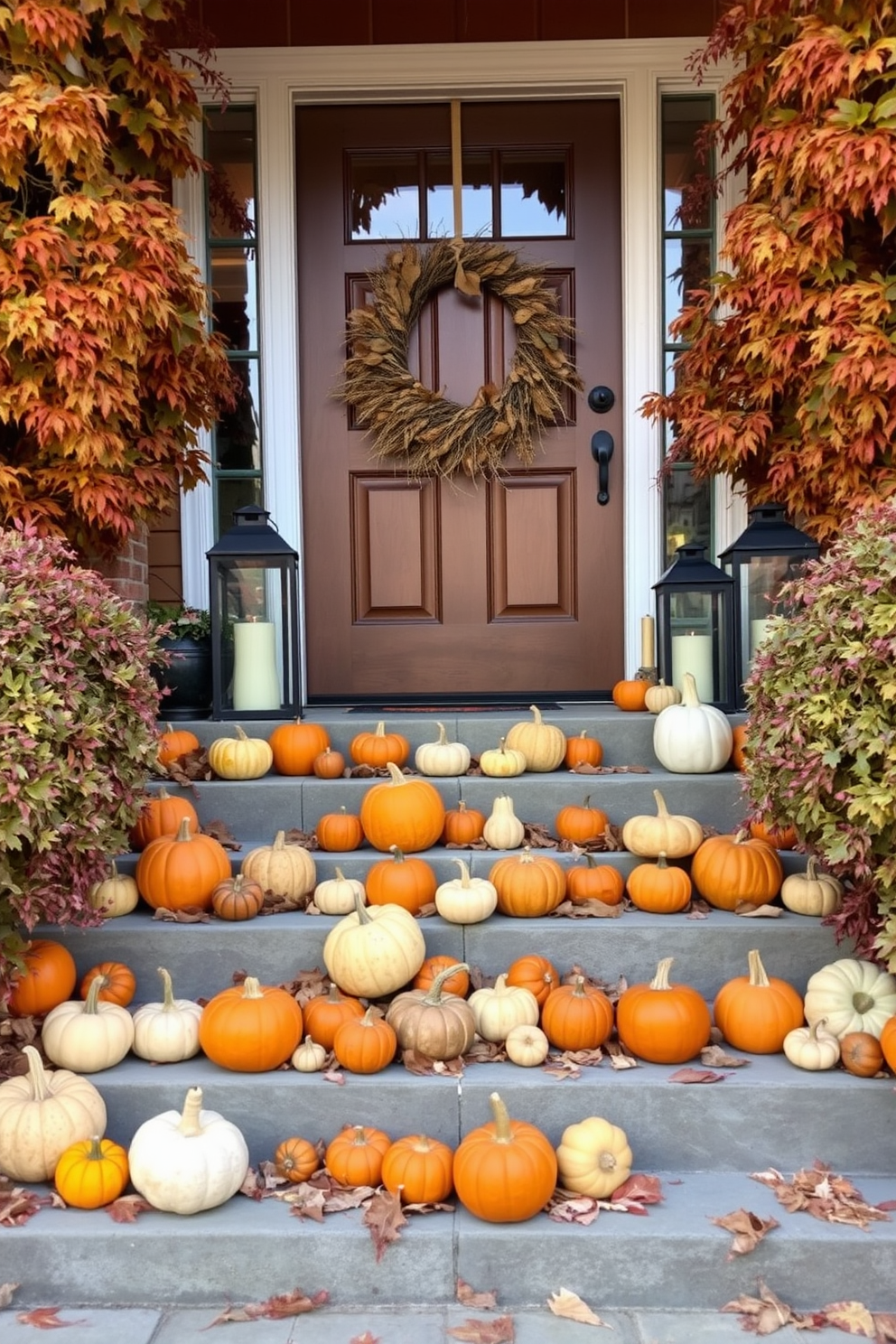 Gourds of various sizes and colors are artistically arranged on a series of steps leading to the front door. The warm hues of the gourds complement the autumn foliage surrounding the entrance, creating an inviting seasonal display. A rustic wreath made of dried leaves and twigs adorns the front door, enhancing the fall theme. Soft, ambient lighting from lanterns placed on either side of the door adds a cozy touch to the overall decor.