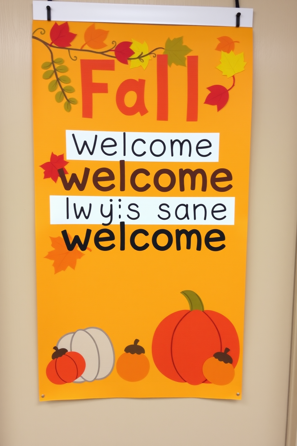 A fall-themed door banner welcomes guests with warm autumn colors and cheerful greetings. The banner features vibrant leaves in shades of orange, red, and yellow, along with playful pumpkins and acorns.