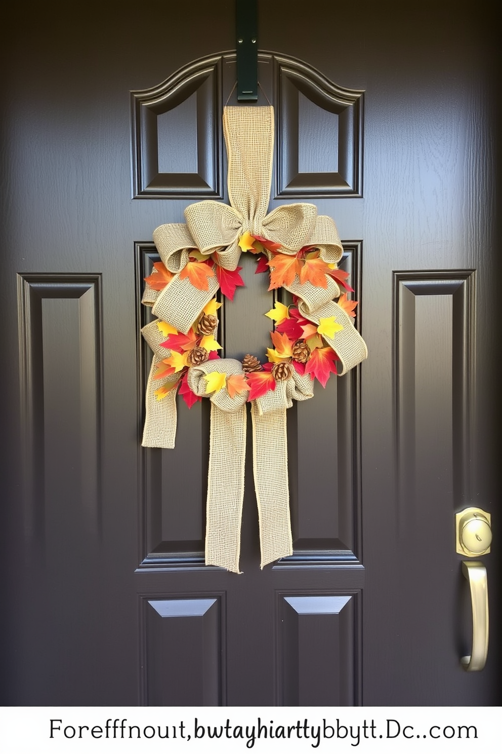 A charming front door adorned with a rustic wreath made of burlap bows. The wreath features a mix of autumn leaves and small pinecones, creating a warm and inviting fall display.