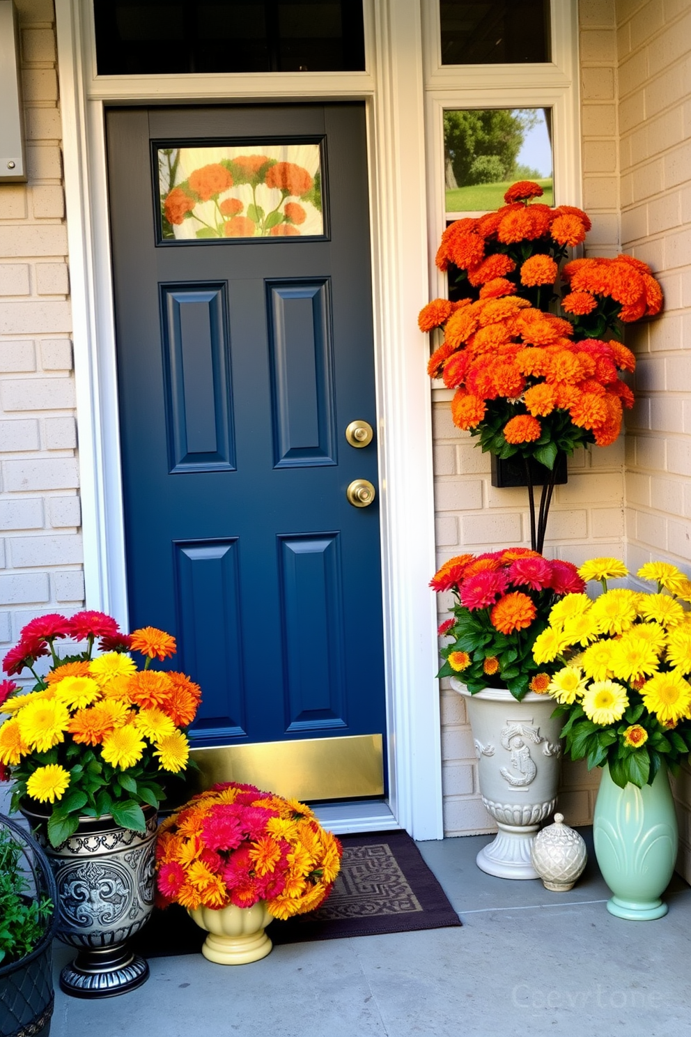 A charming front door adorned with vibrant mums in decorative pots creates an inviting atmosphere. The colorful blooms are arranged in stylish ceramic pots that complement the door's color, enhancing the overall curb appeal.