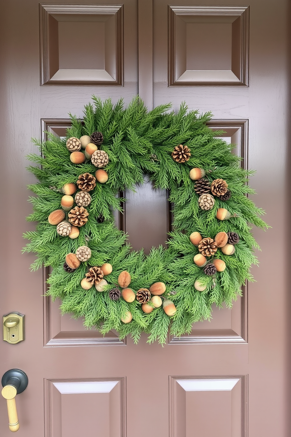 A welcoming front door adorned with natural elements such as pinecones and acorns creates a cozy atmosphere. The door is framed by a lush greenery wreath that incorporates these elements, inviting guests into a warm and inviting home.