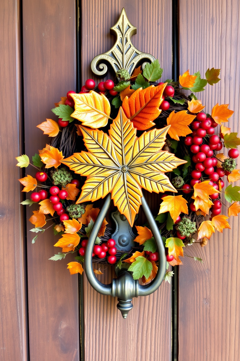 A charming autumn-themed door knocker featuring intricate leaf designs in warm hues of orange and gold. It is mounted on a rustic wooden door adorned with a vibrant wreath made of seasonal foliage and berries.