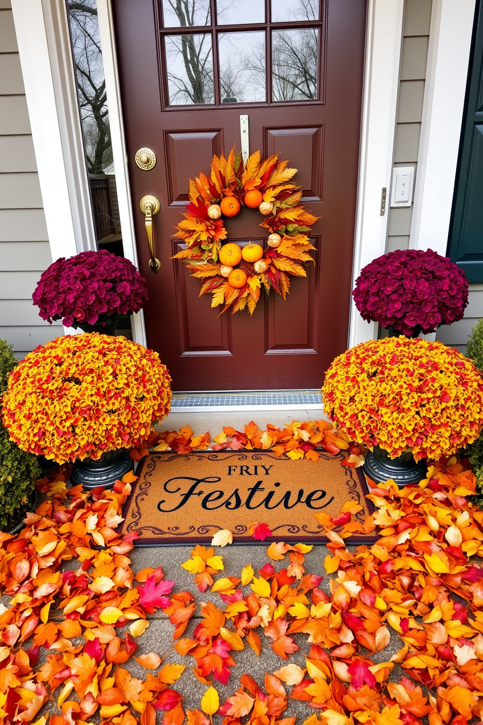 A vibrant fall scene features colorful leaves scattered on the ground in shades of red, orange, and yellow. The front door is adorned with a beautiful wreath made of autumn foliage and small pumpkins, creating a warm and inviting entrance. Flanking the door are two potted mums in rich purple and gold hues, adding to the seasonal charm. A cozy doormat with a festive greeting welcomes guests as they approach the home.