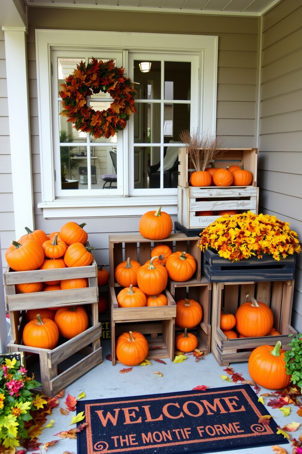 A charming front porch adorned with vintage wooden crates overflowing with vibrant orange pumpkins. The crates are arranged in a casual yet inviting manner, surrounded by colorful autumn leaves and a warm welcome mat.