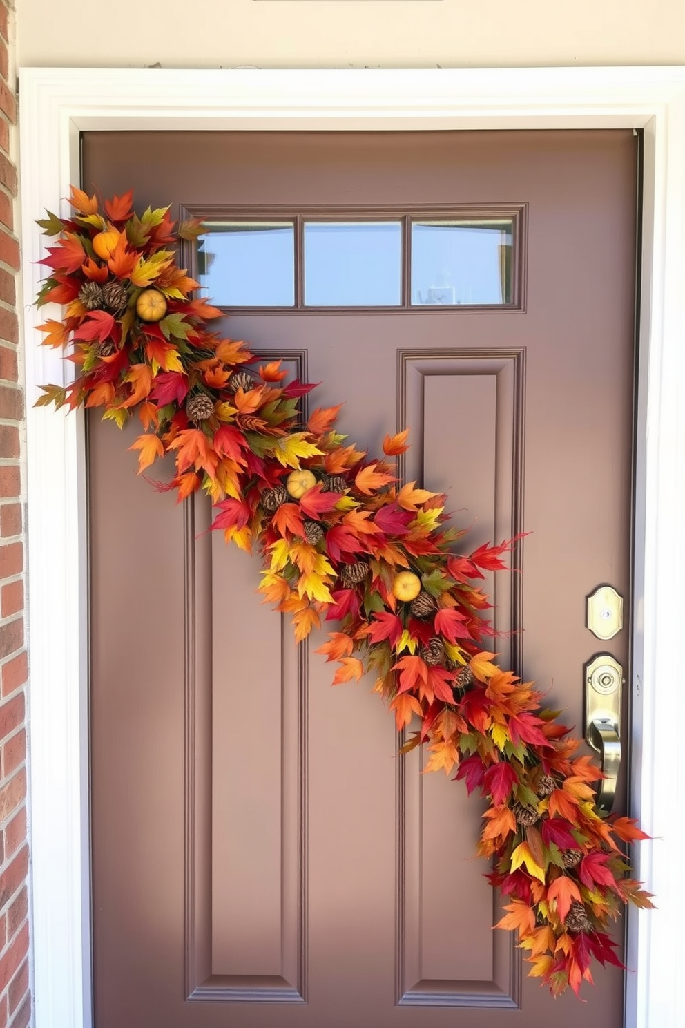 A warm and inviting front door adorned with a seasonal garland that features rich autumn colors. The garland is made up of vibrant leaves, pinecones, and small pumpkins, creating a festive and welcoming atmosphere.