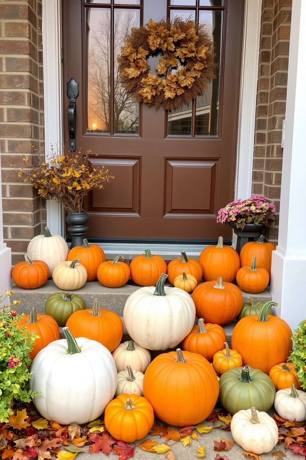 A charming fall front door decorated with pumpkins of varying sizes and colors creates a warm and inviting atmosphere. The entrance features a mix of orange, white, and green pumpkins arranged artfully on the steps, complemented by vibrant autumn leaves scattered around.