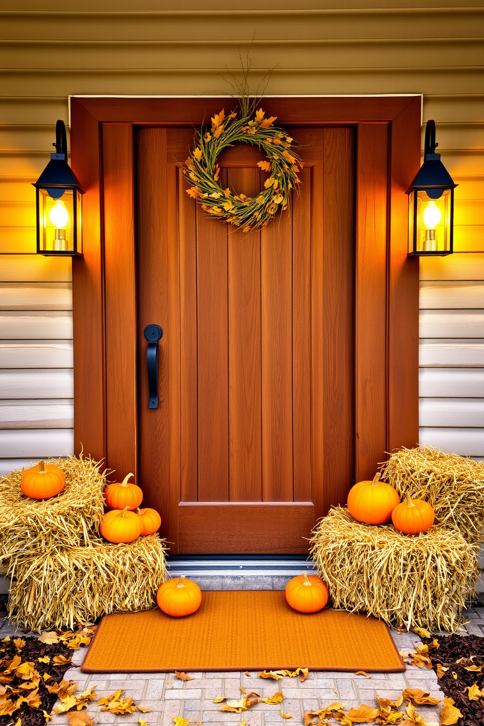 Small hay bales are arranged on either side of a rustic wooden front door, creating a charming farm-inspired entrance. Bright orange and yellow pumpkins are nestled among the hay, adding a vibrant touch to the autumn decor. Above the door, a simple wreath made of dried leaves and twigs hangs gracefully. Soft golden light from lanterns flanks the door, inviting guests to enjoy the cozy fall ambiance.